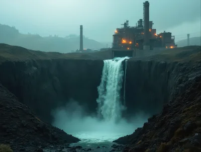 Industrial Factory Discharging Water Over A Dramatic Waterfall