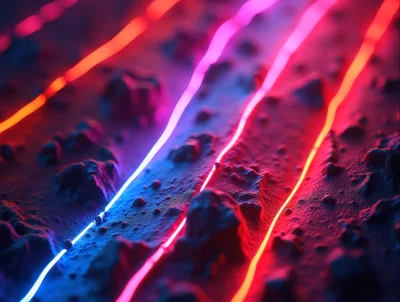 Abstract Neon Light Trails Over Textured Lunar Landscape