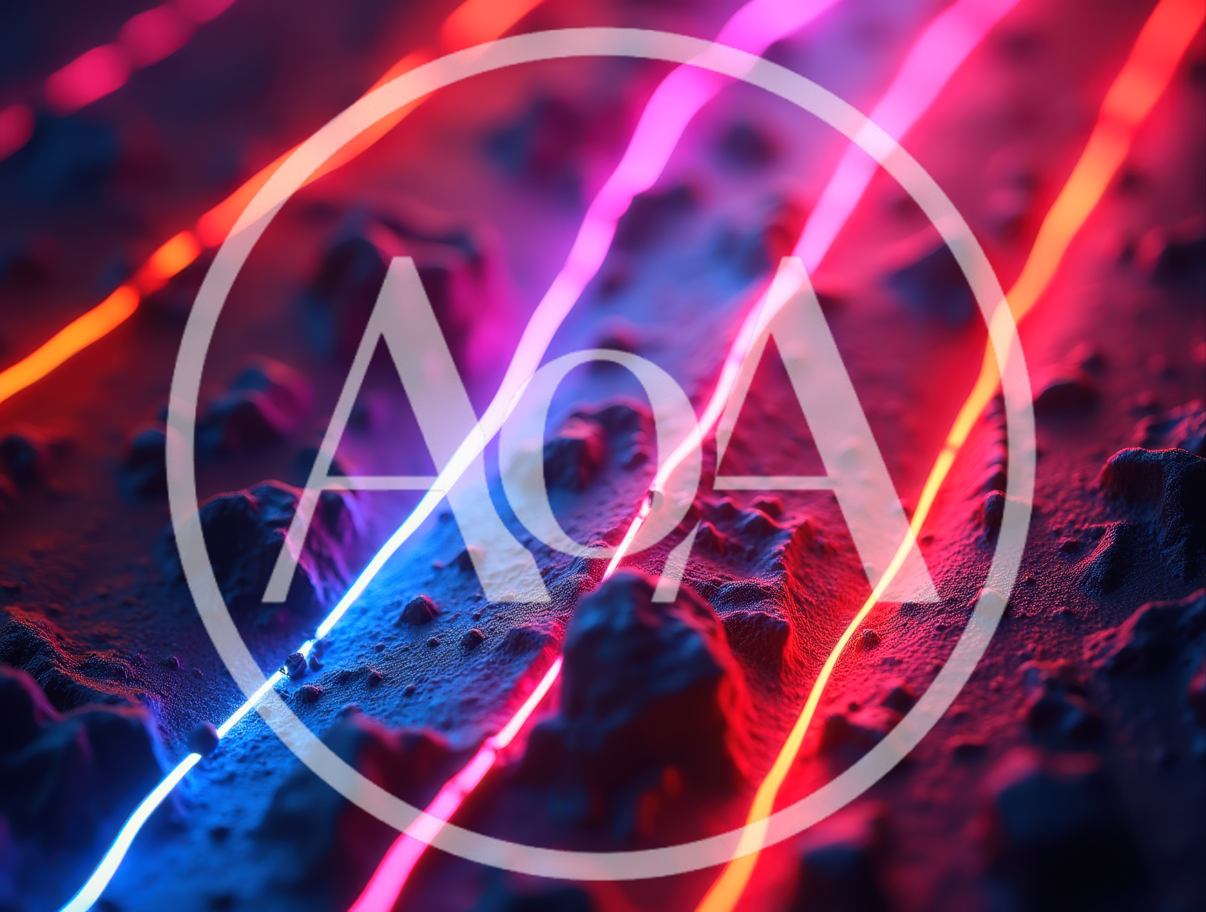 Abstract Neon Light Trails Over Textured Lunar Landscape