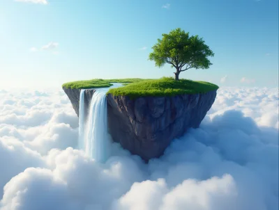 Floating Island With Waterfall And Tree Above Clouds
