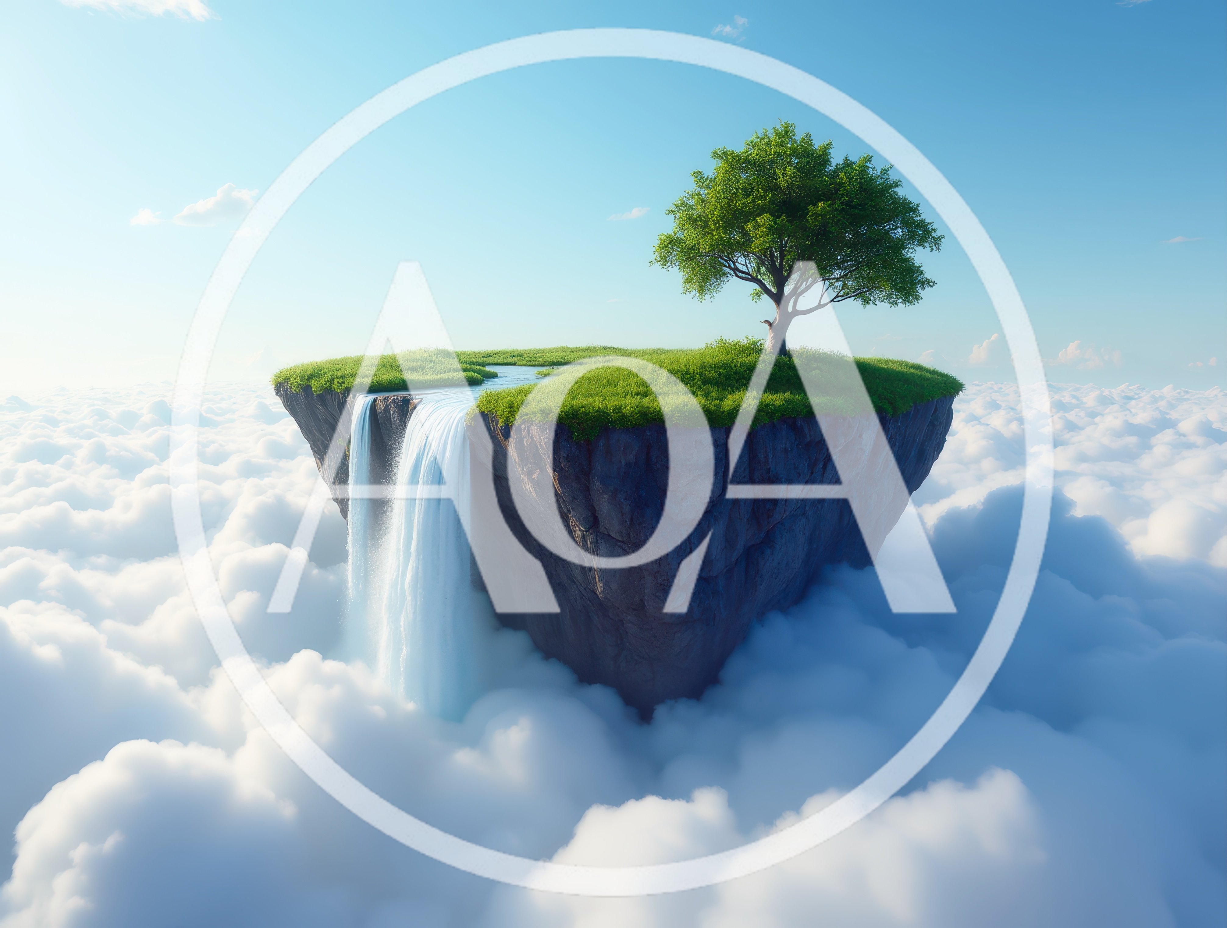 Floating Island With Waterfall And Tree Above Clouds