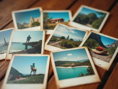 Collection of Vintage Travel Photographs on Wooden Table