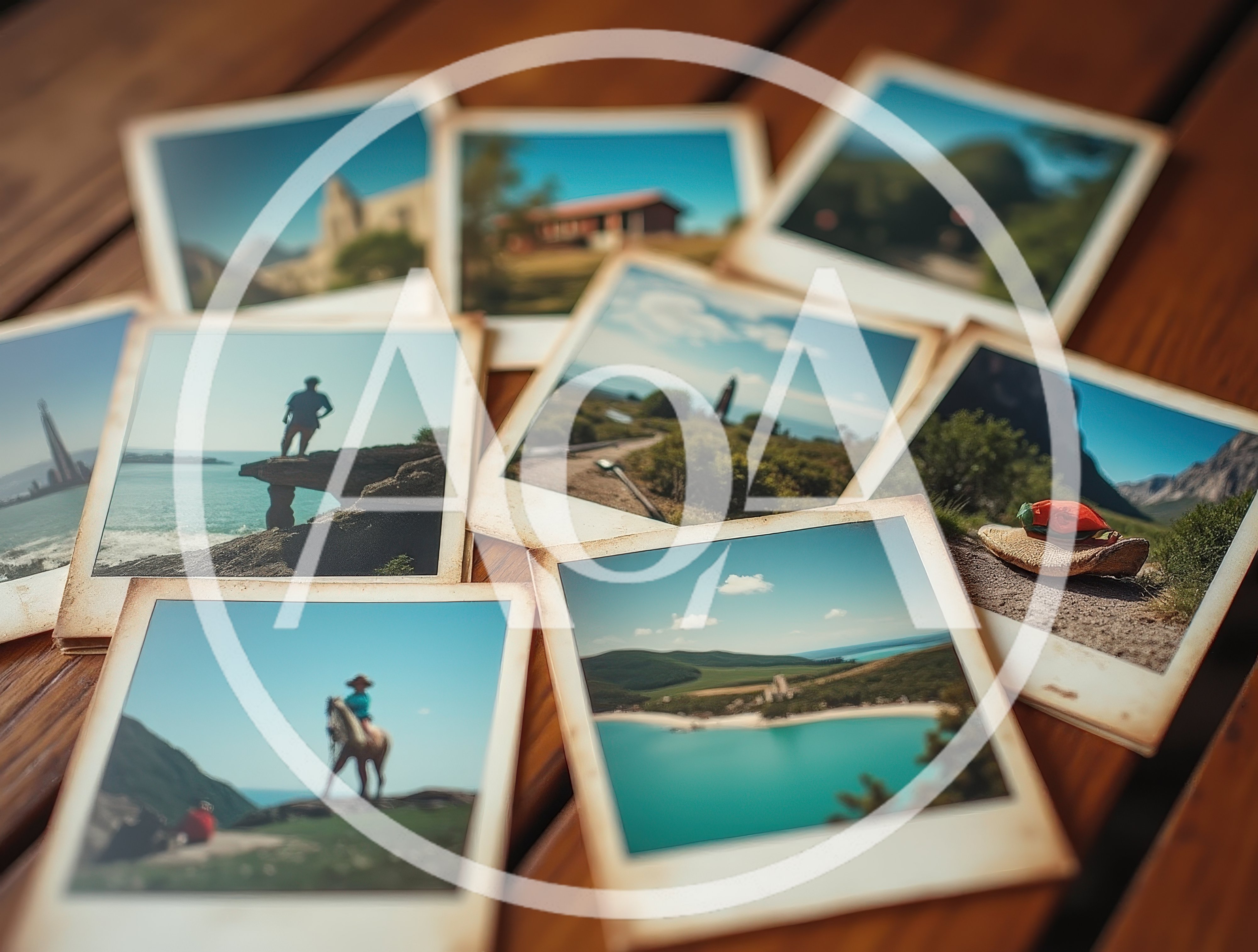 Collection of Vintage Travel Photographs on Wooden Table