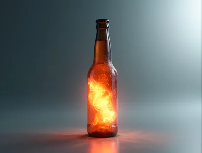 Brown Glass Beer Bottle With Internal Glowing Fire
