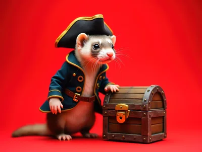 Ferret Dressed As A Pirate With A Treasure Chest