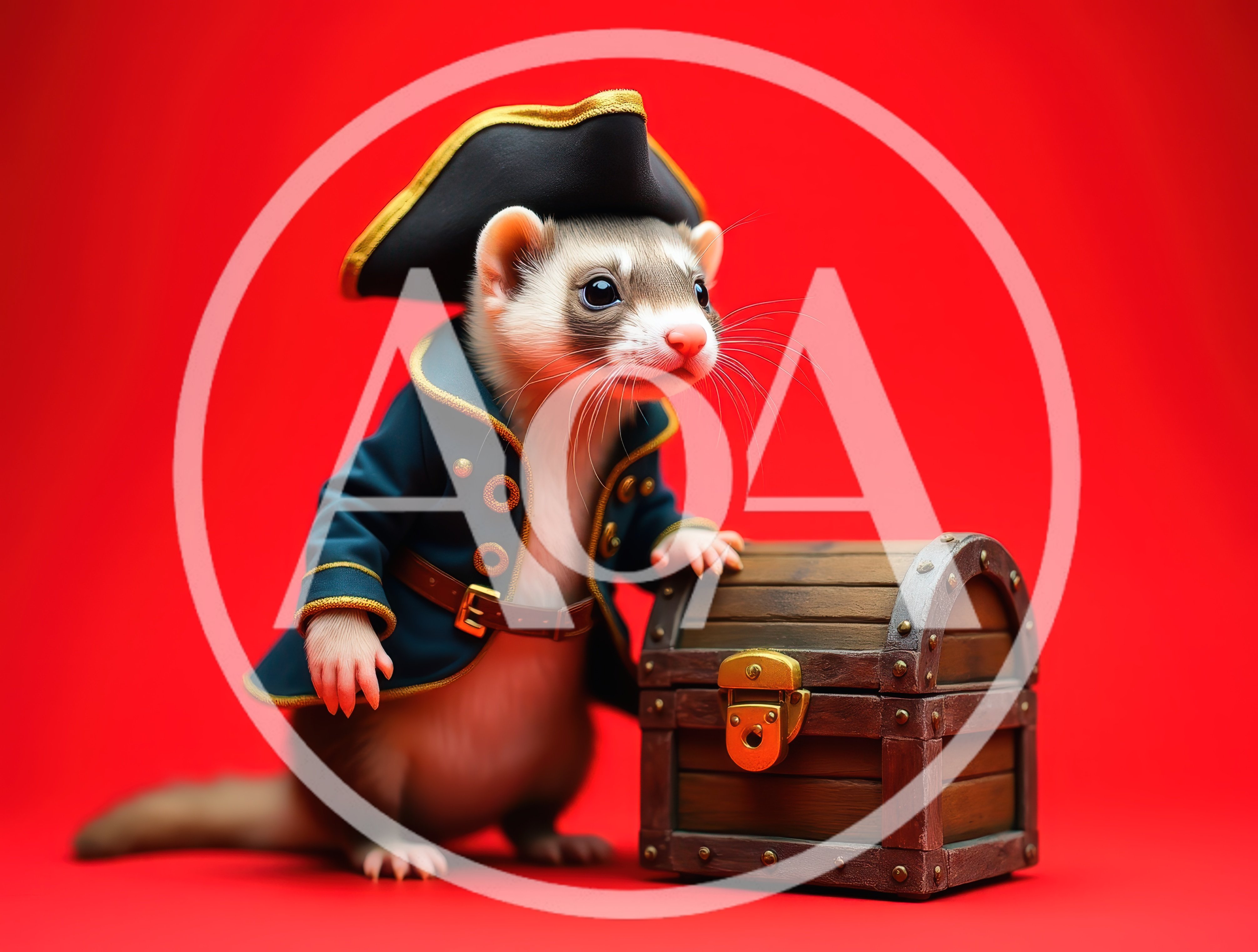 Ferret Dressed As A Pirate With A Treasure Chest