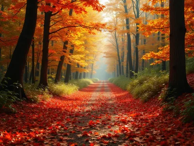 Autumn Forest Path Covered In Vibrant Red Leaves
