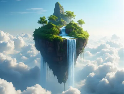 Floating Island With Cascading Waterfalls Above The Clouds