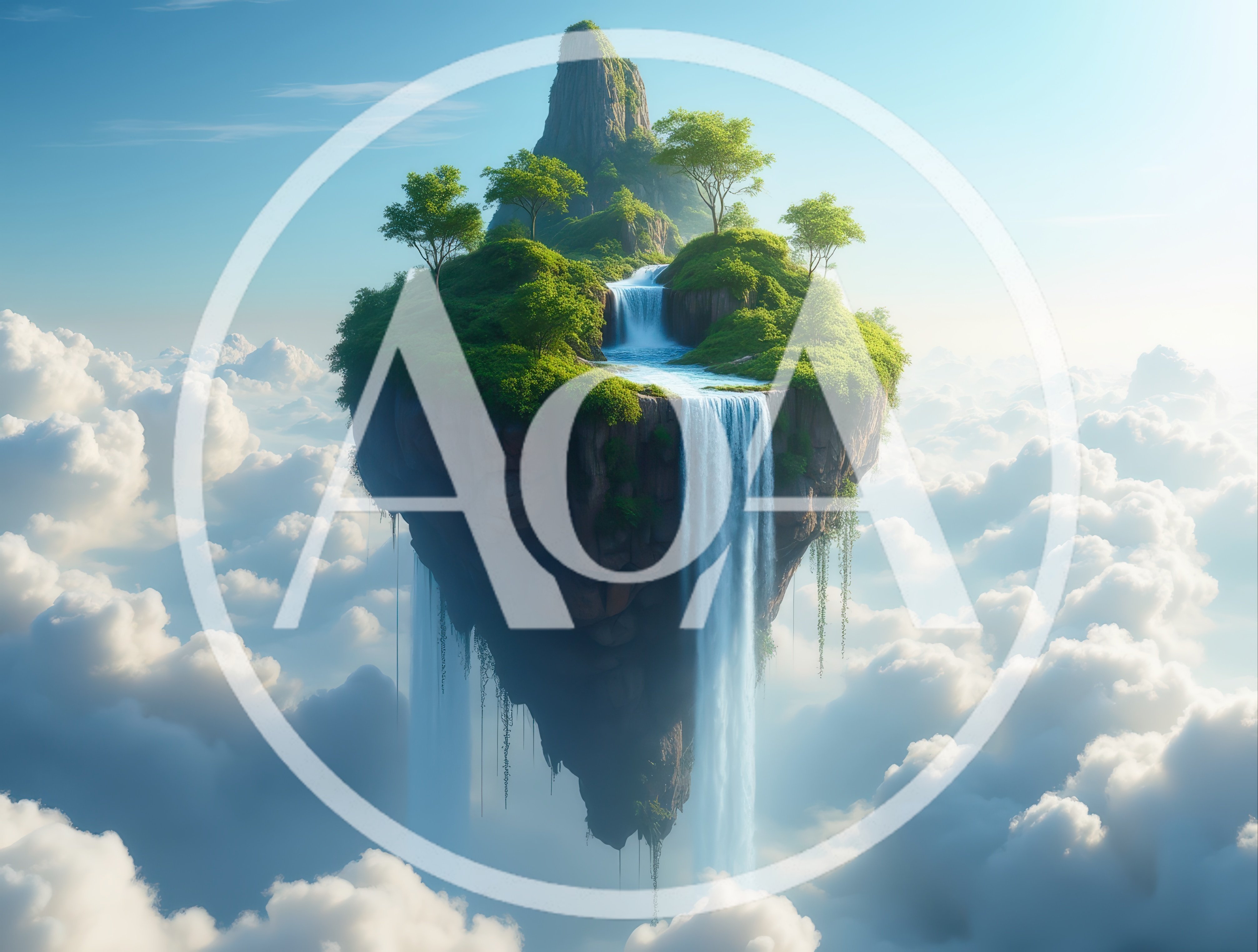 Floating Island With Cascading Waterfalls Above The Clouds