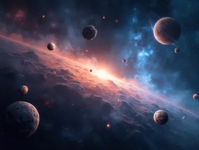 Cinematic Space Landscape With Multiple Planets And Nebula