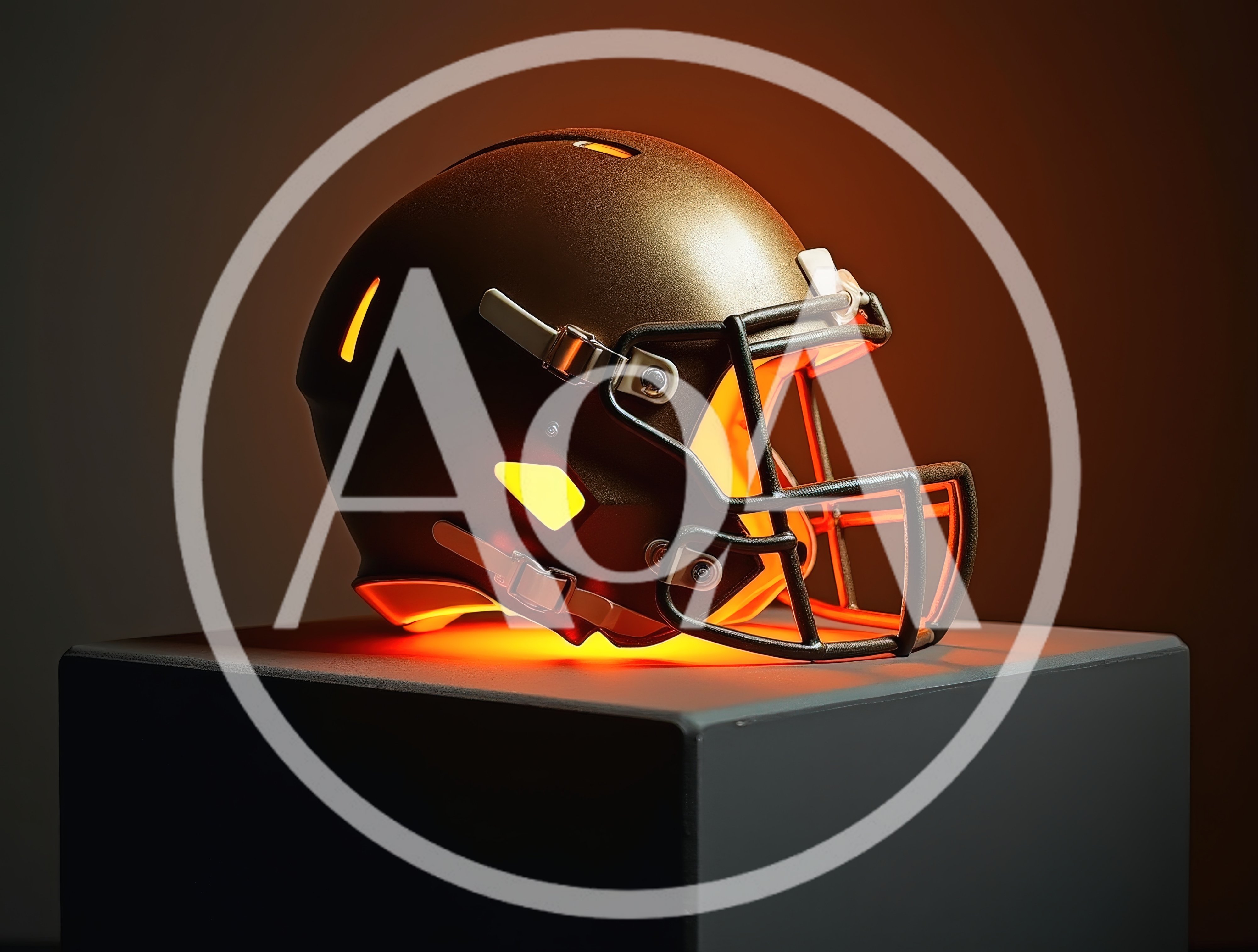 Golden Football Helmet Illuminated on a Pedestal