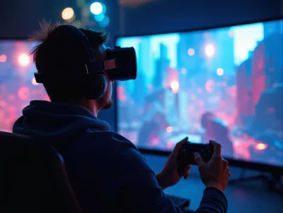 Gamer Wearing Virtual Reality Headset Playing Video Game