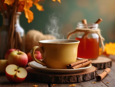 Steaming Cup Of Hot Apple Cider With Cinnamon Sticks