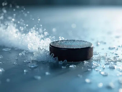 Hockey Puck Sliding Across Ice With Snow Spray