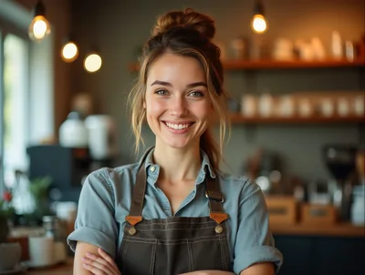 Smiling Female Barista Standing In A Coffee Shop