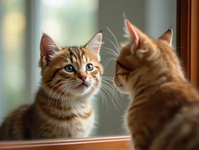 Cute Tabby Kitten Looking At Its Reflection In Window