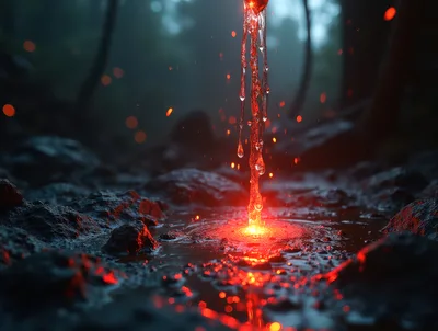 Glowing Molten Liquid Dripping Into Dark Rocky Terrain