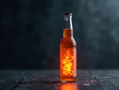 Glowing Fire Infused Beer Bottle on Dark Surface