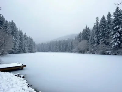 Frozen Lake Surrounded By Snow Covered Pine Forest