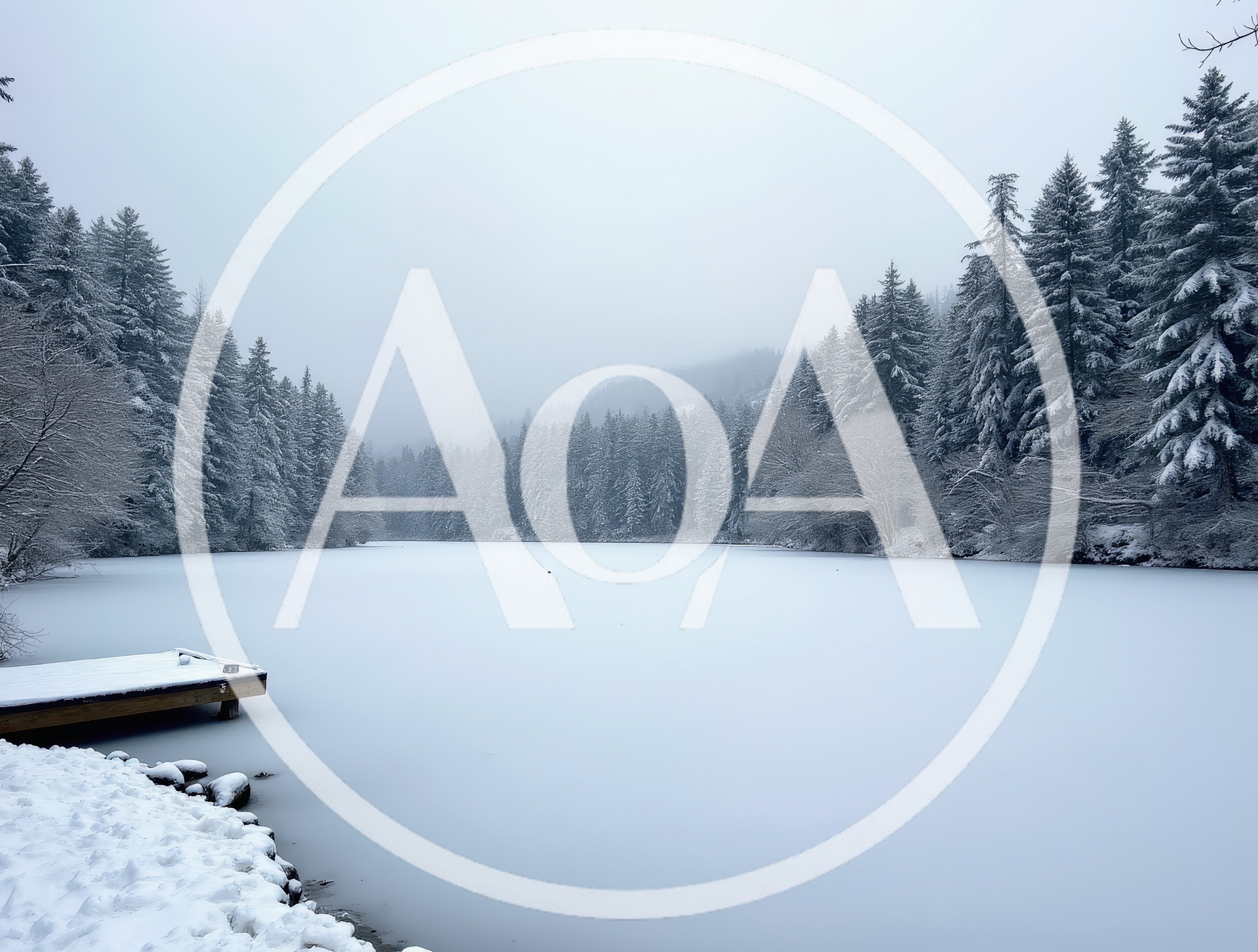 Frozen Lake Surrounded By Snow Covered Pine Forest