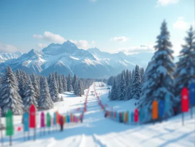 Snowy Mountain Ski Resort With Colorful Flags