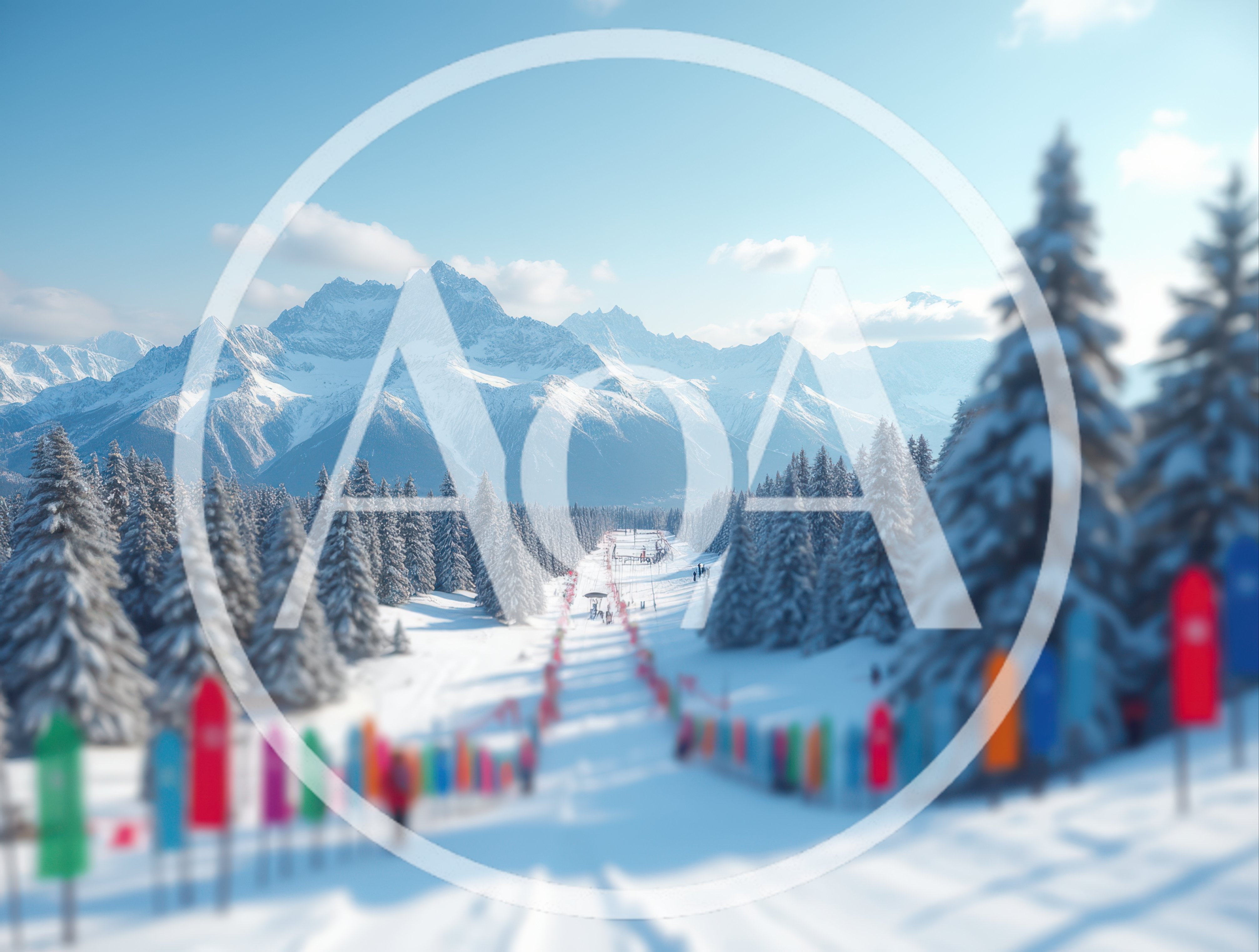 Snowy Mountain Ski Resort With Colorful Flags