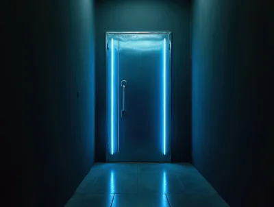Futuristic Metal Door With Glowing Blue Neon Lights