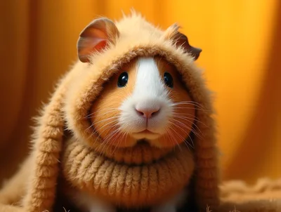 Cute Guinea Pig Wearing A Knitted Hooded Sweater