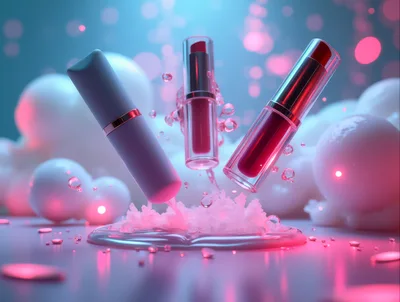 Floating Lipsticks With Pink Liquid And Bubbles