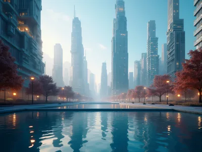 Futuristic Cityscape With Reflecting Pool And Autumn Trees