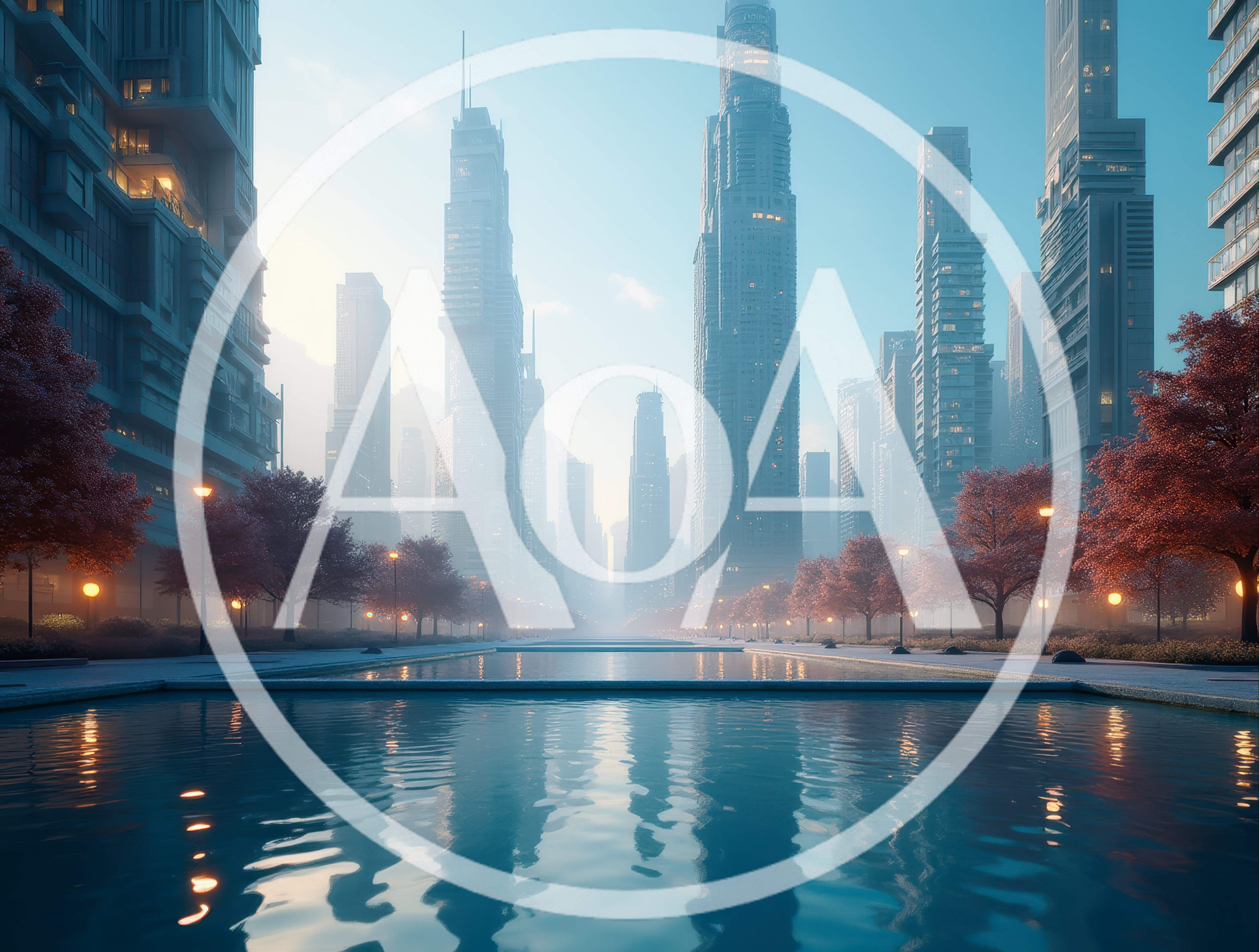 Futuristic Cityscape With Reflecting Pool And Autumn Trees