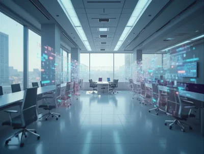 Futuristic Corporate Office With Digital Data Visualization