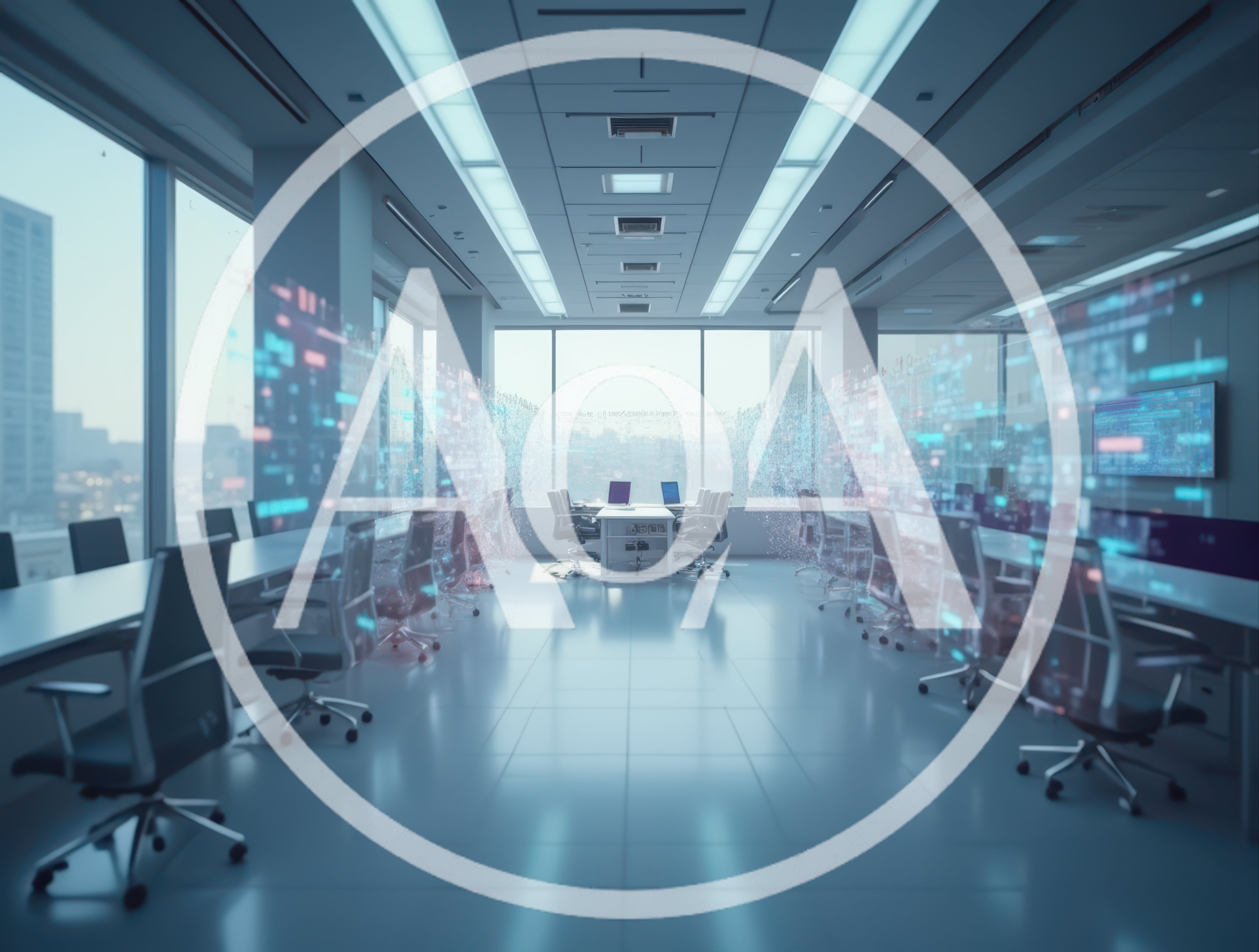 Futuristic Corporate Office With Digital Data Visualization