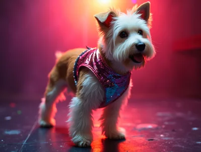 Small Terrier Dog Wearing A Sequin Vest