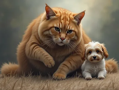 Large Orange Cat Sitting Beside Small Puppy