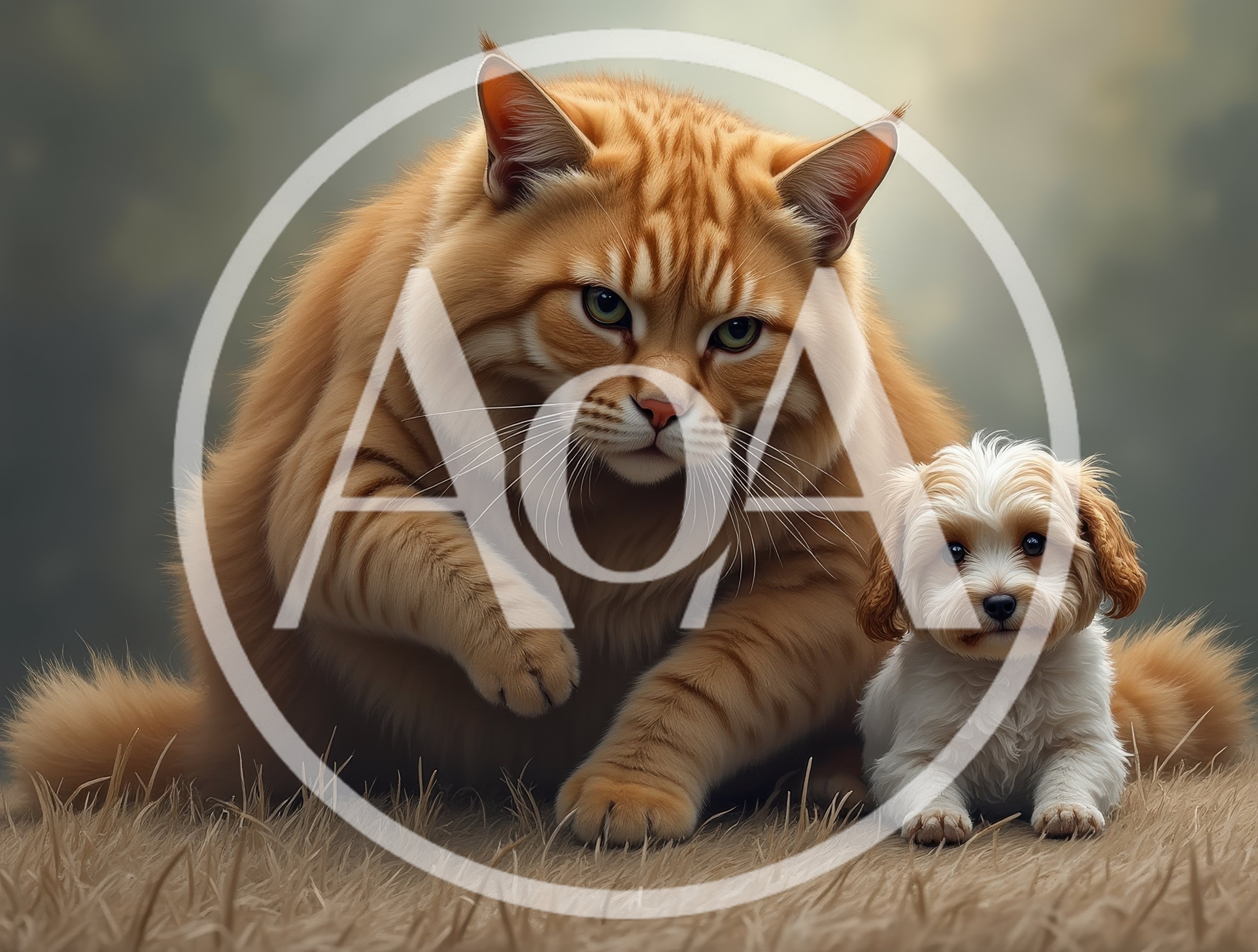 Large Orange Cat Sitting Beside Small Puppy