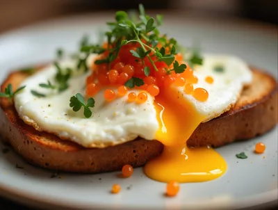 Fried Egg With Salmon Roe On Toasted Bread