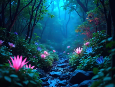 Glowing Bioluminescent Flowers Along A Forest Path