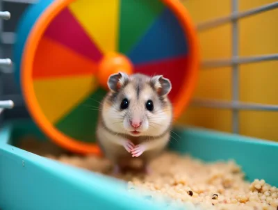 Cute Hamster Standing In A Colorful Cage