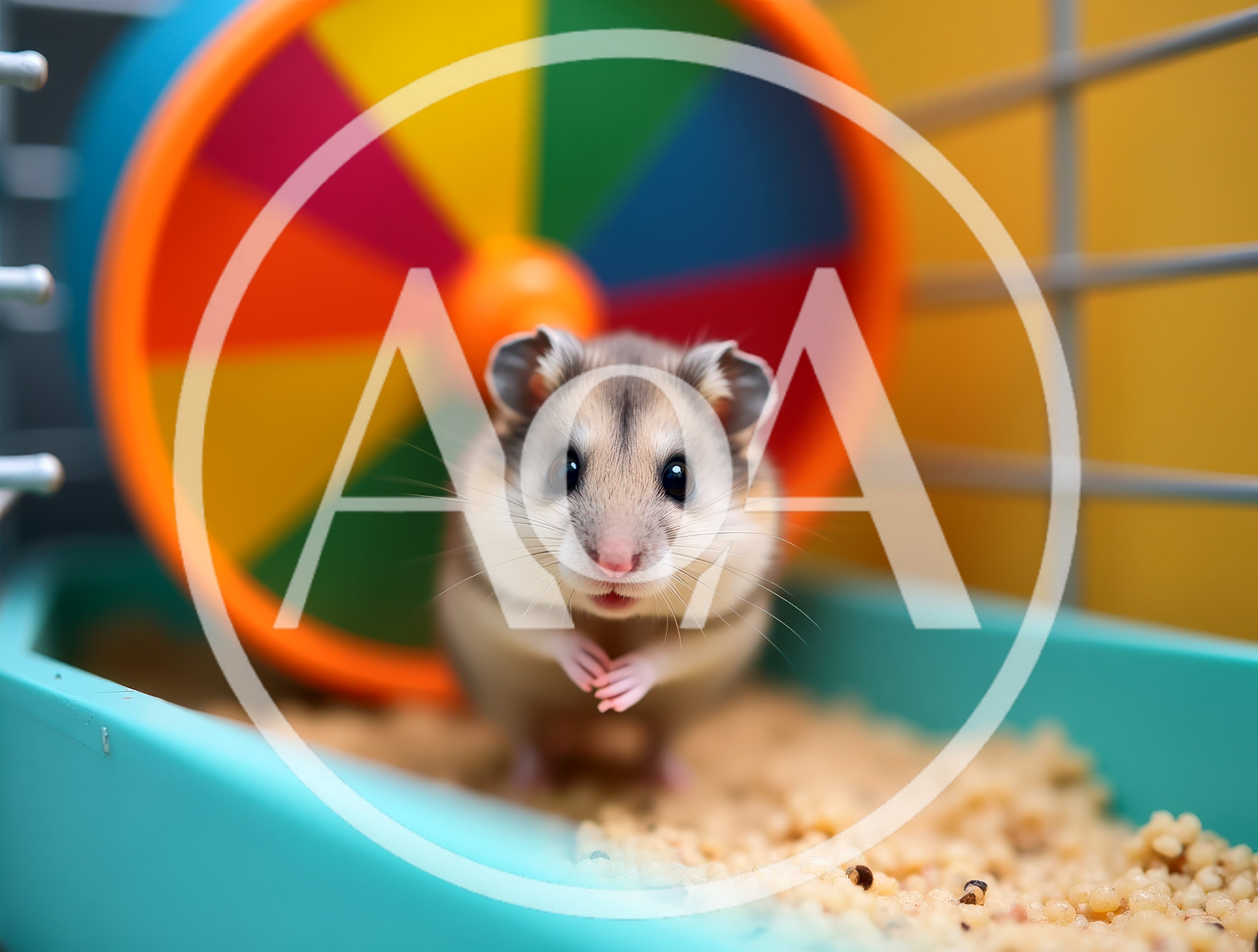 Cute Hamster Standing In A Colorful Cage