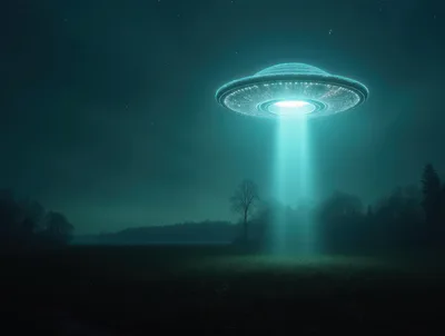 Glowing UFO Hovering Over A Dark Forest Field