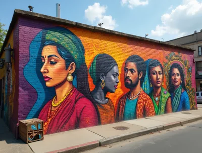 Vibrant Cultural Mural Featuring Diverse Portraits On Brick Wall