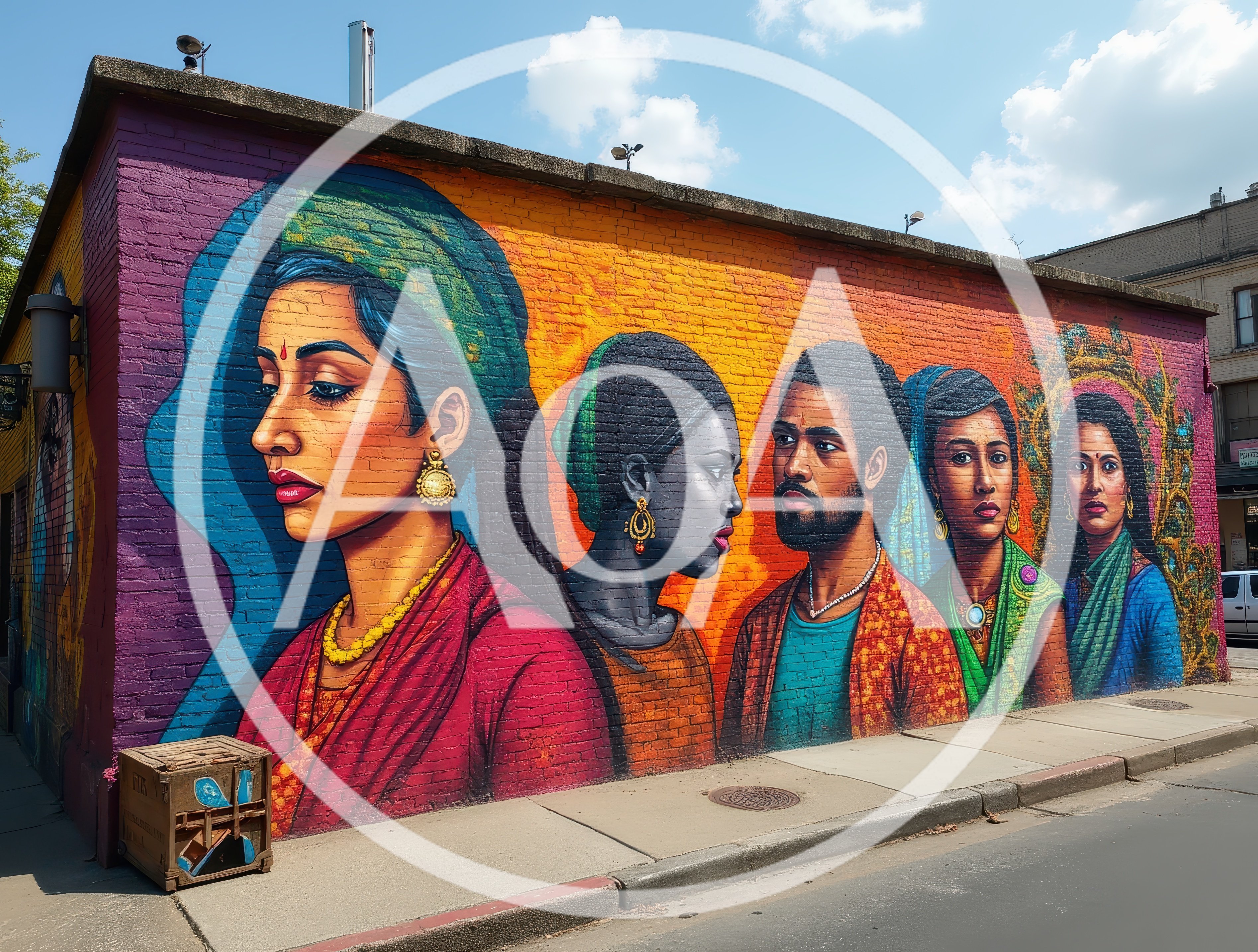 Vibrant Cultural Mural Featuring Diverse Portraits On Brick Wall