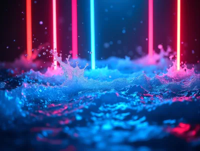 Abstract Neon Light Beams Over Turbulent Water Surface