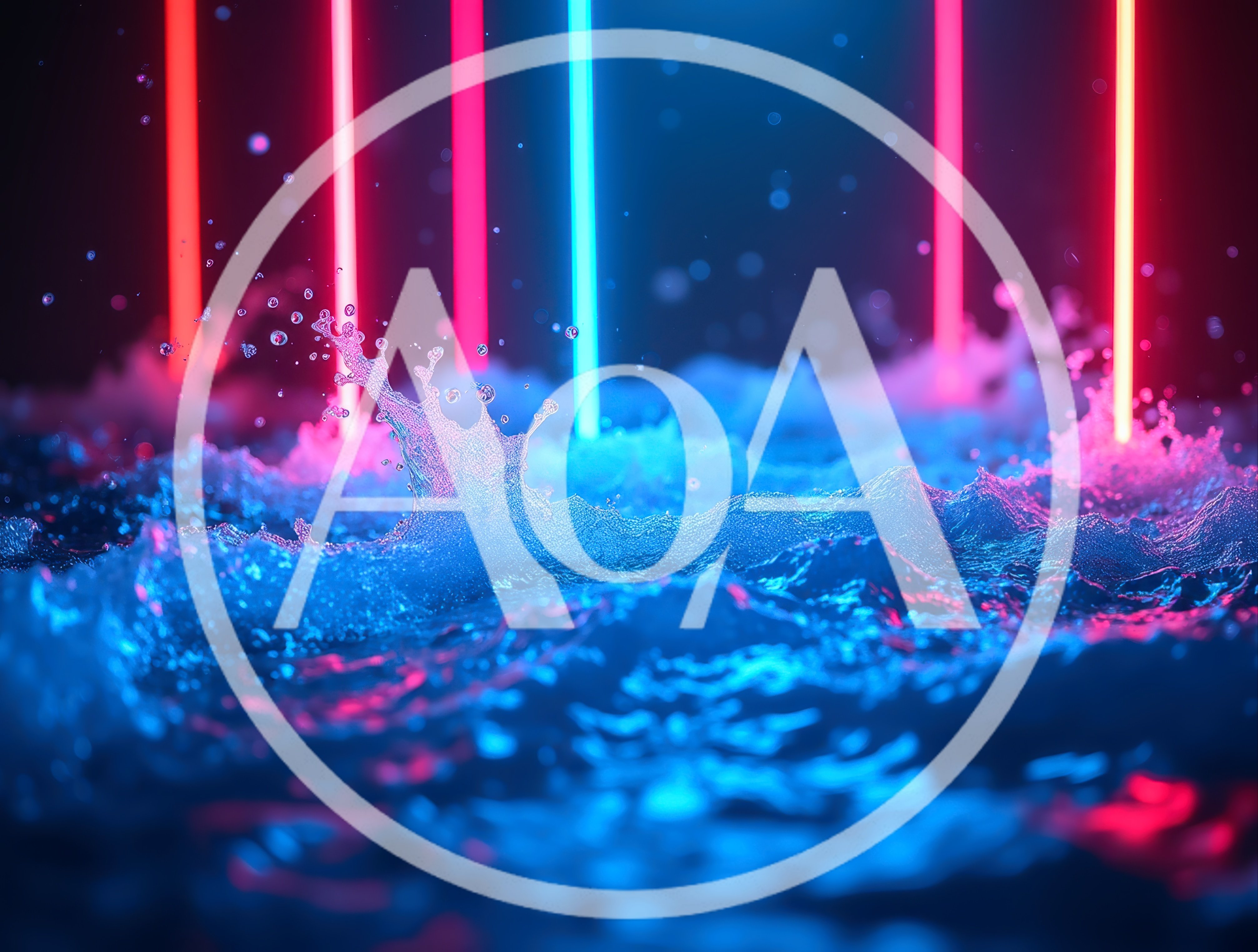 Abstract Neon Light Beams Over Turbulent Water Surface