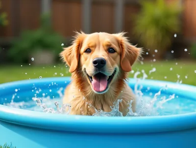 Happy Golden Retriever Playing In A Blue Kiddie Pool