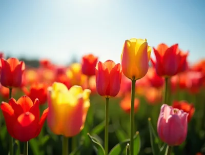 Vibrant Colorful Tulips Blooming In A Sunny Field