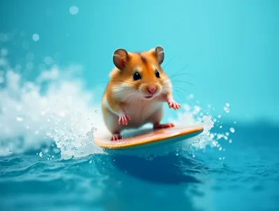 Cute Hamster Surfing on a Small Wave