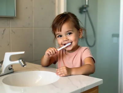 Toddler Girl Brushing Teeth in Bathroom