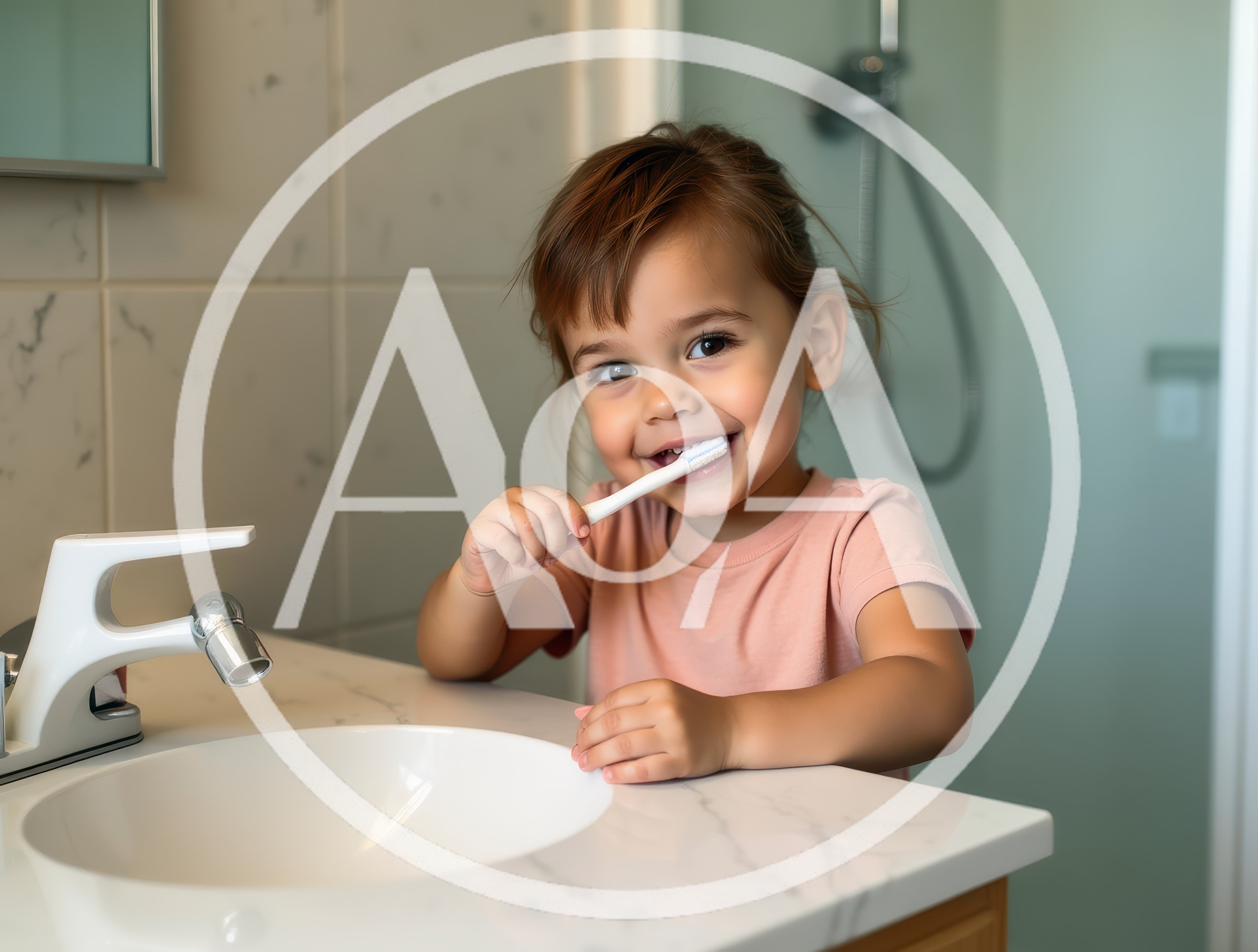 Toddler Girl Brushing Teeth in Bathroom
